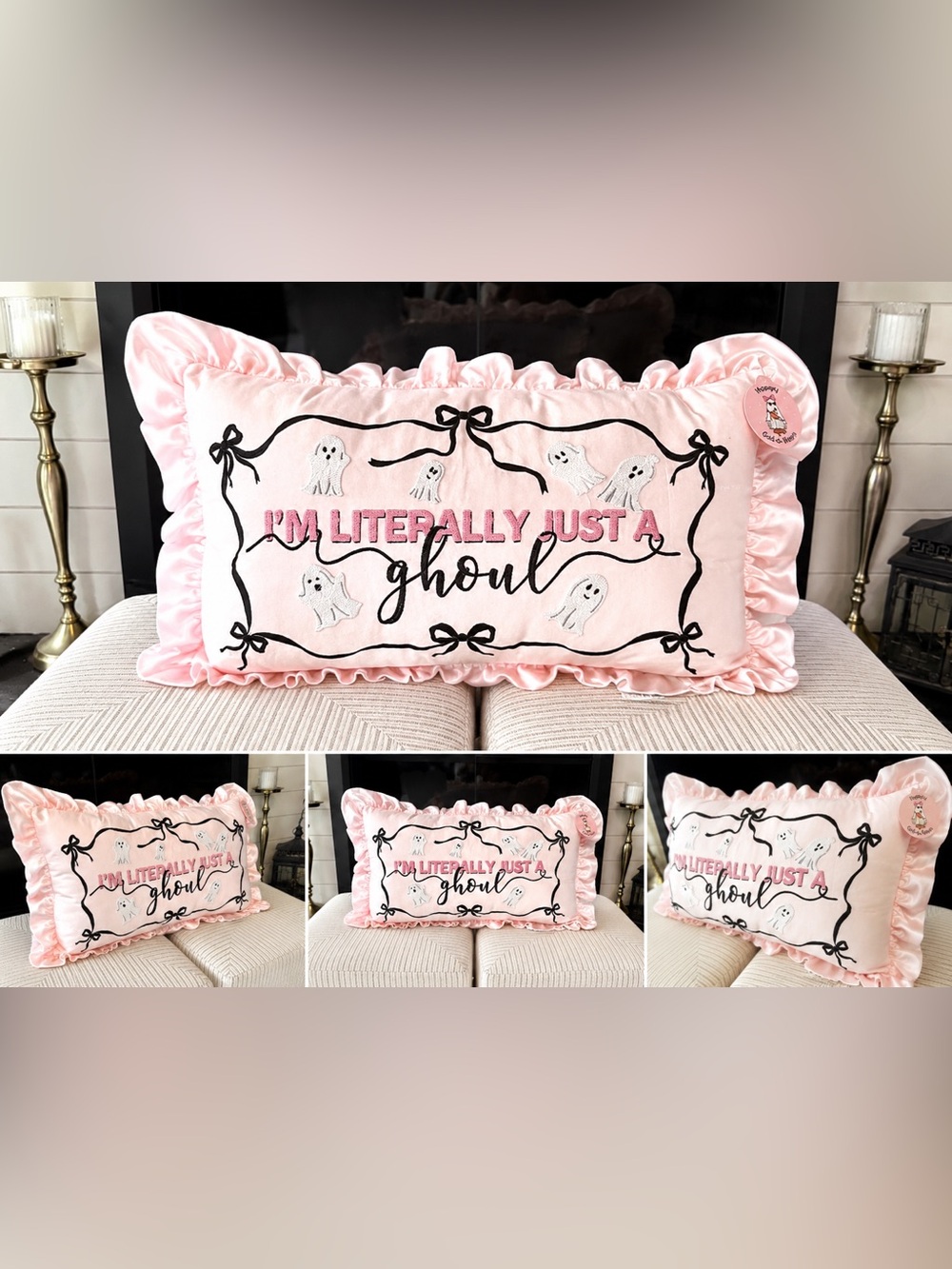 NEW Pink Halloween Black Bow Pillow - "I'm Literally Just a Ghoul" Just a Girl